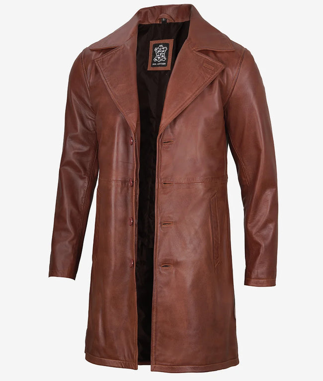 Mens Real Leather Cognac Brown Car Coat