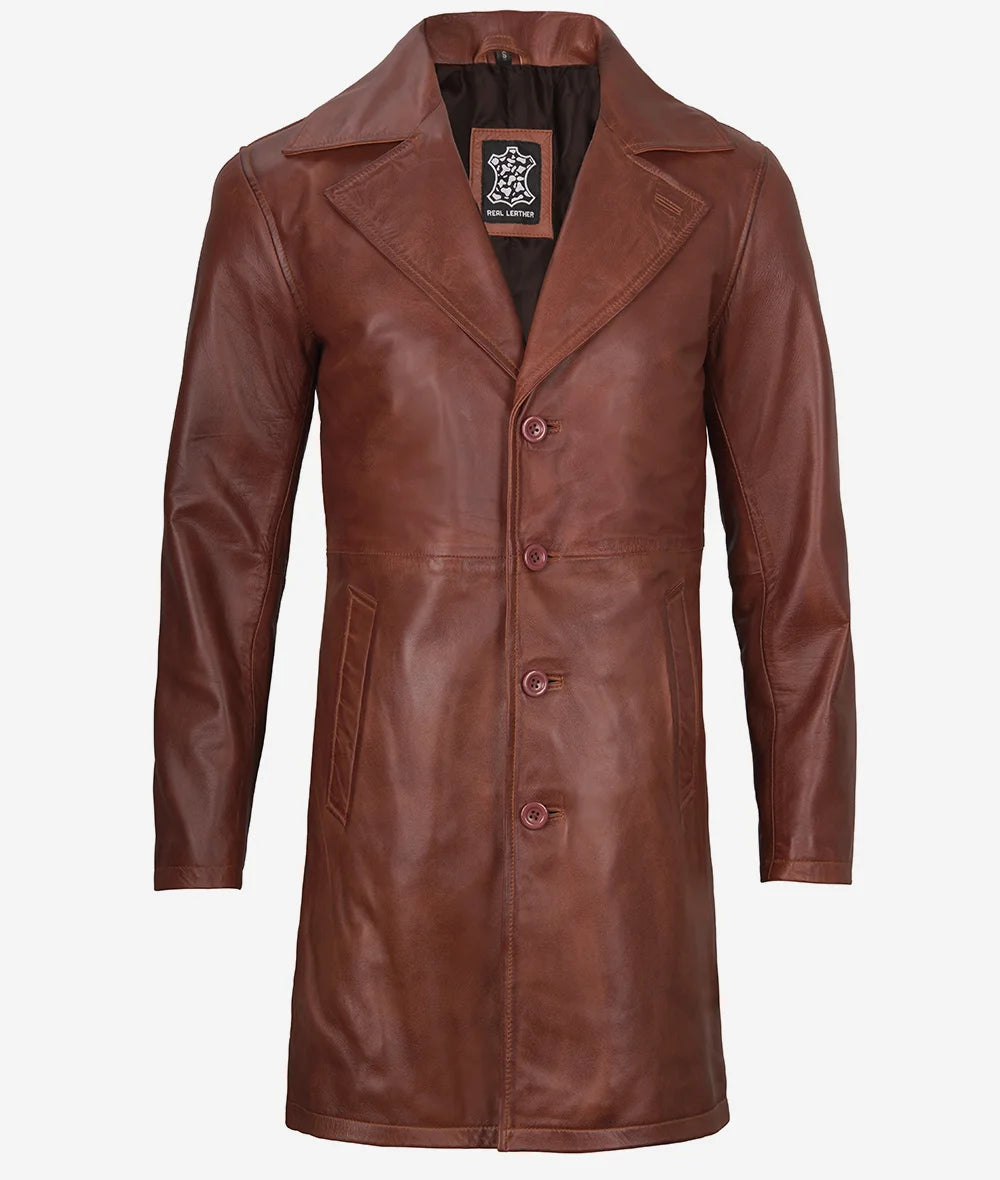 Mens Real Leather Cognac Brown Car Coat