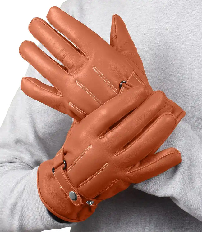 Mens Cognac Lined Real Leather Gloves