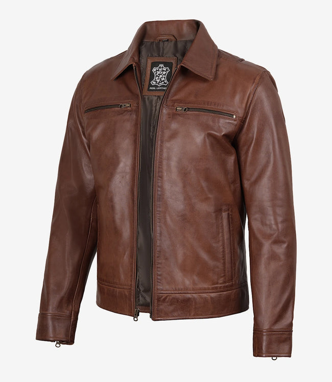 Mens Classic Shirt Collar Cognac Leather Jacket