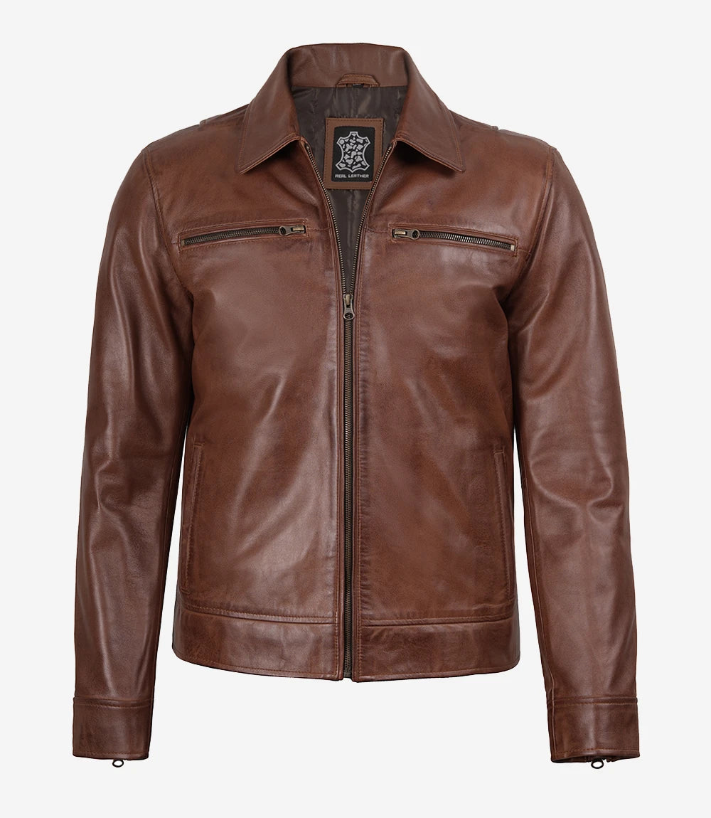 Mens Classic Shirt Collar Cognac Leather Jacket