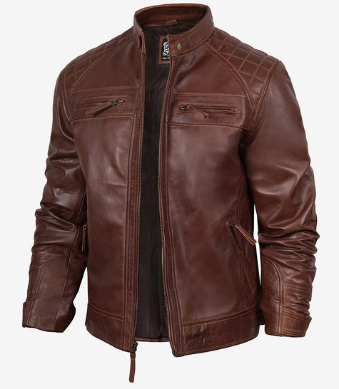 Men's Cognac Brown Quilted Biker Style Leather Jacket