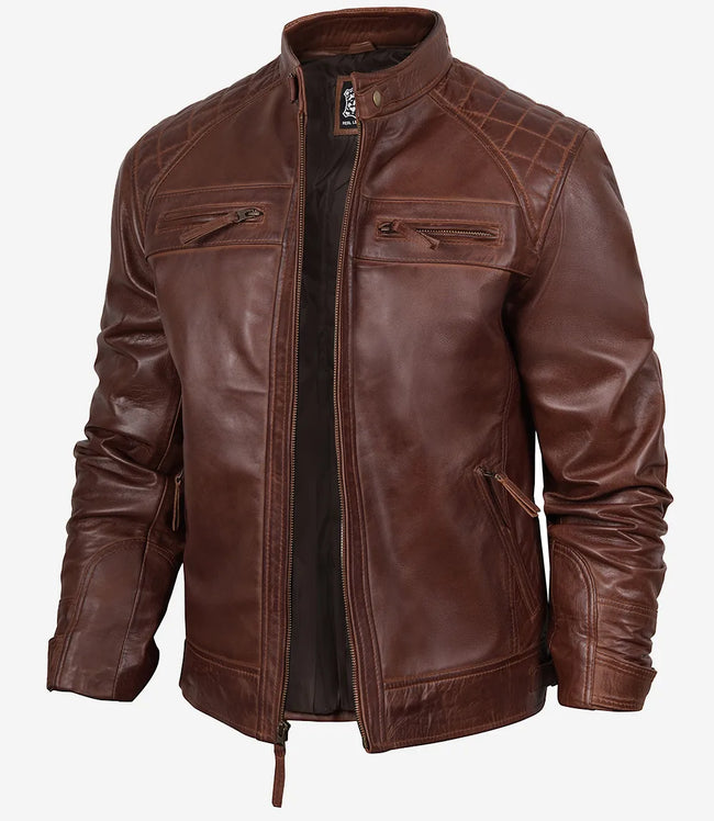 Men's Cognac Brown Quilted Biker Leather Jacket