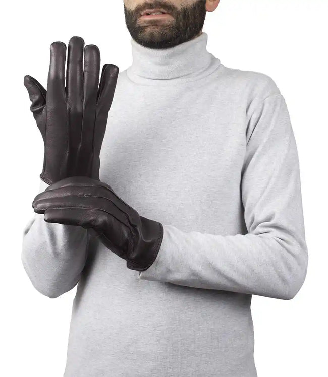 Mens Real Leather Dark Brown Lined Gloves