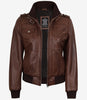 Womens Cognac Leather Bomber Jacket With Removable Hood