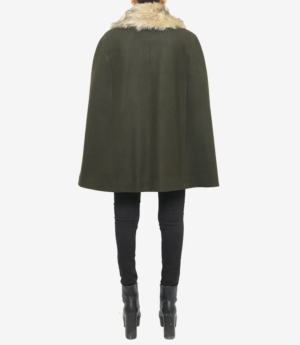 Womens Olive Green Wool Coat With Fur Collar