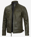 Mens Quilted Shoulder Green Cafe Racer Leather Jacket