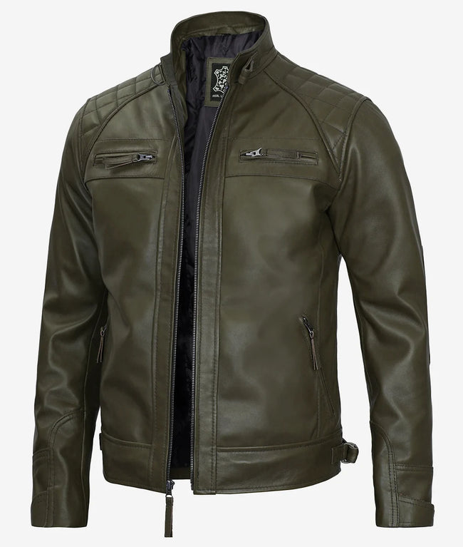 Mens Quilted Shoulder Green Cafe Racer Leather Jacket