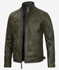 Mens Quilted Shoulder Green Cafe Racer Leather Jacket