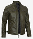Mens Quilted Shoulder Green Cafe Racer Leather Jacket
