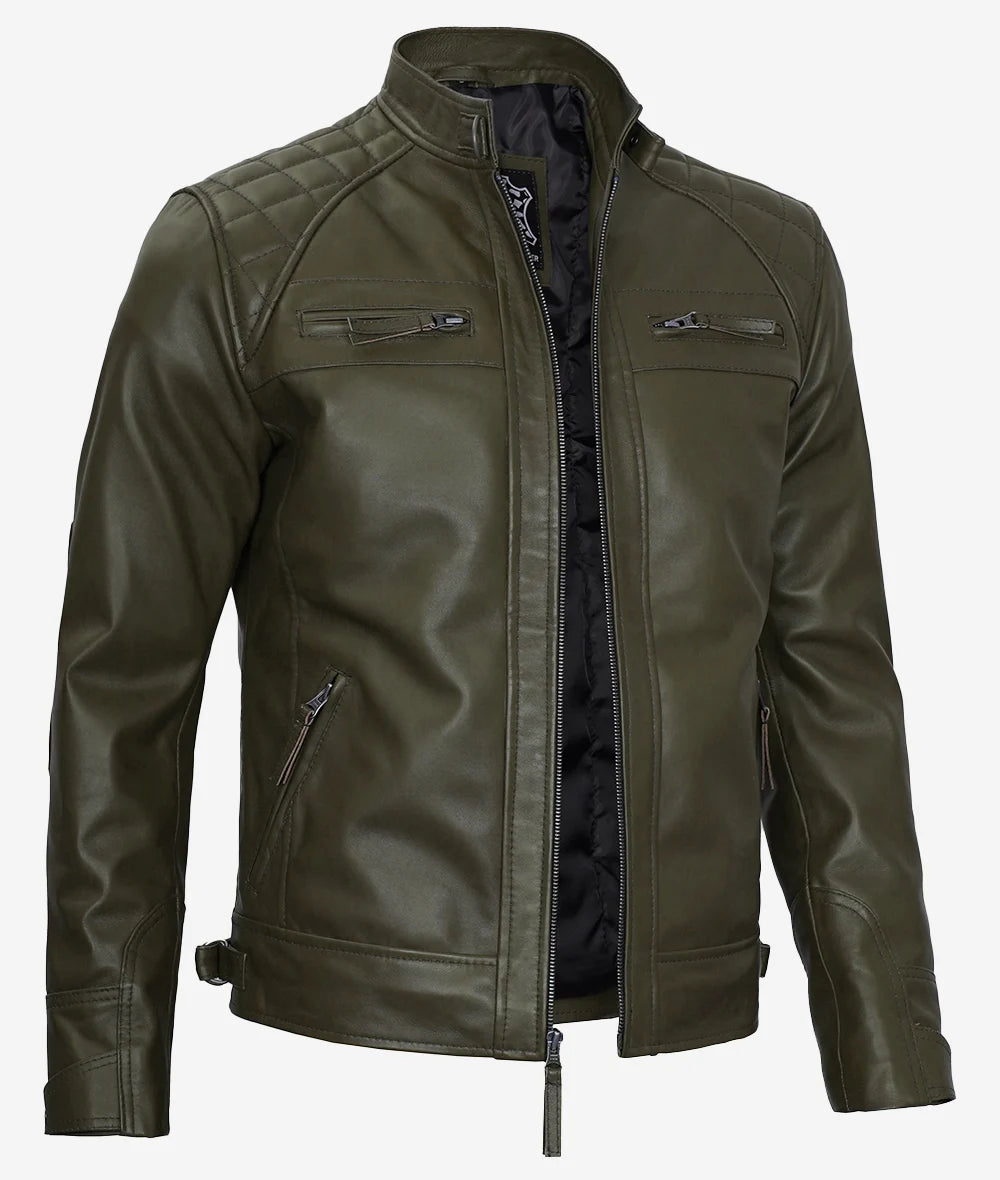 Mens Quilted Shoulder Green Cafe Racer Leather Jacket
