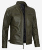 Mens Quilted Shoulder Green Cafe Racer Leather Jacket