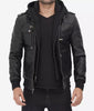 Mens Tall Black Leather Bomber Jacket with Removable Hood