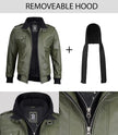 Mens Military Green Bomber Leather Jacket With Hood