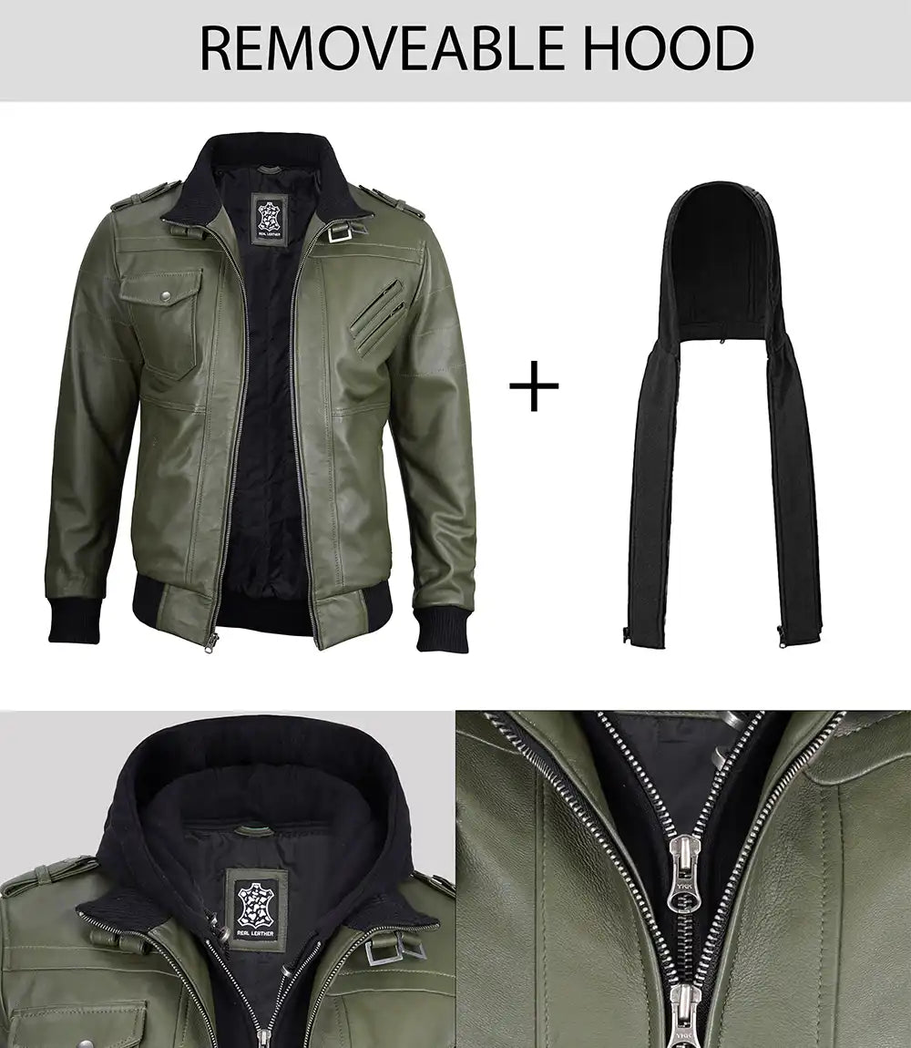 Mens Military Green Bomber Leather Jacket With Hood