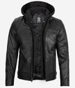 Mens Black Cafe Racer Leather Jacket With Detachable Hood