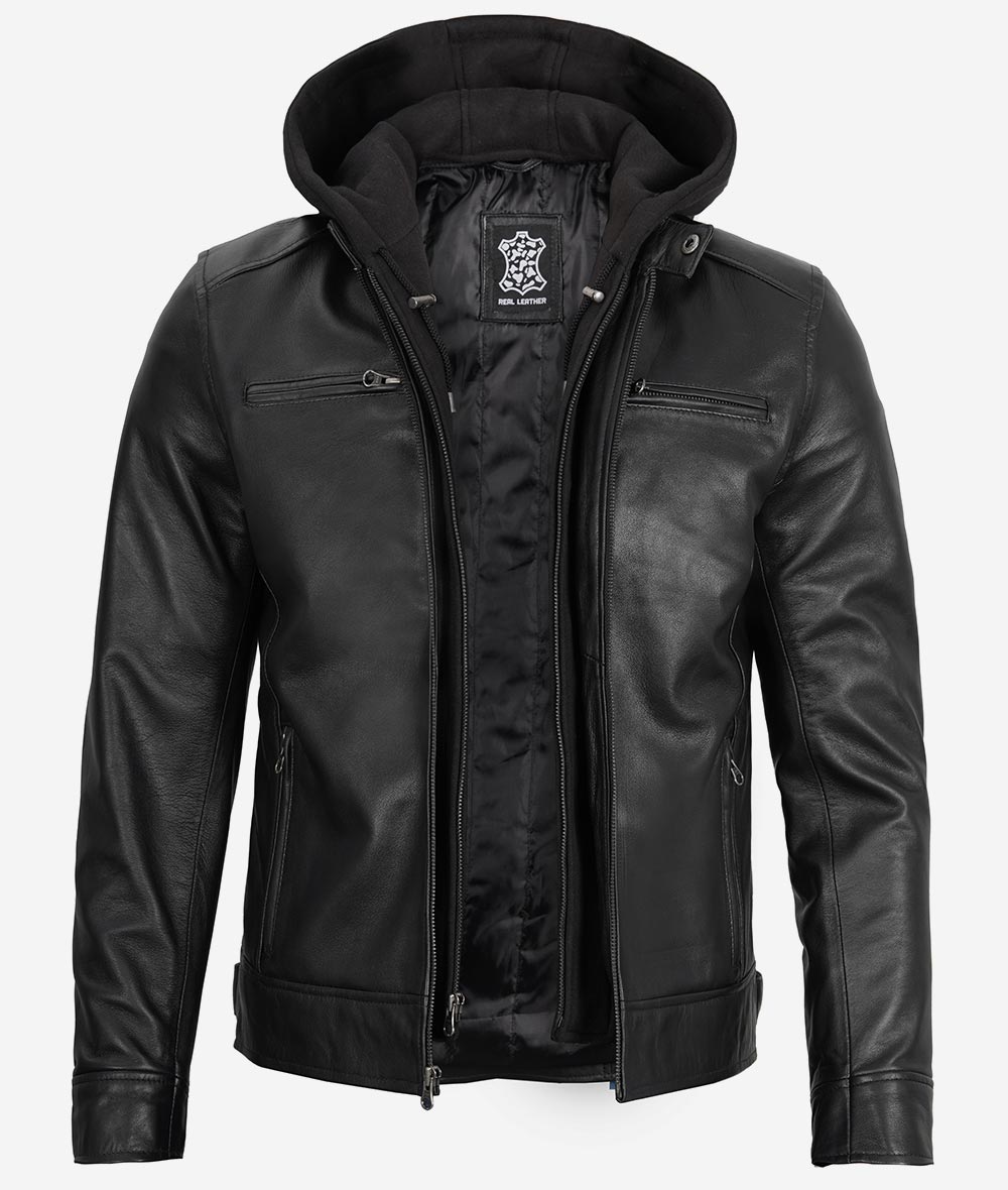 Mens Black Cafe Racer Leather Jacket With Detachable Hood