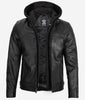 Mens Black Cafe Racer Leather Jacket With Detachable Hood