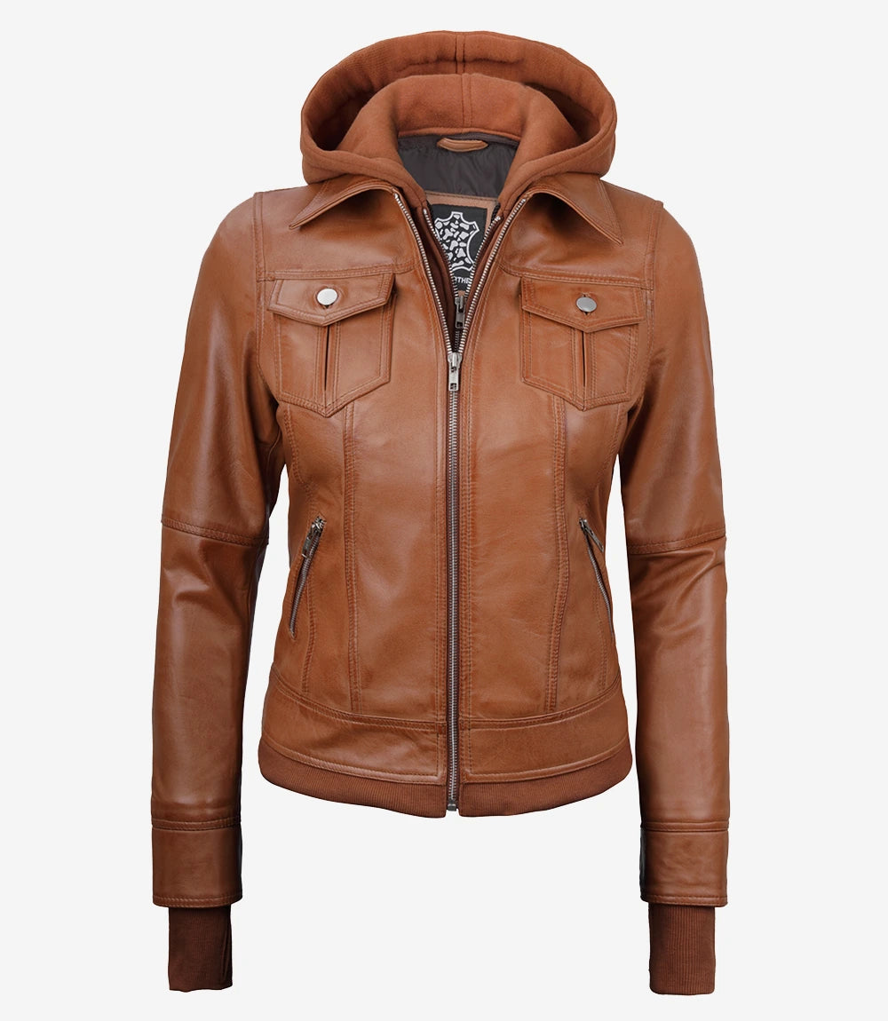 Brown Bomber Leather Jacket With Hood
