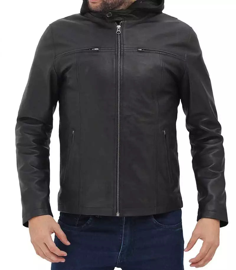 Mens Black Leather Jacket with Hood