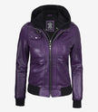 Womens Purple Hooded Bomber Leather Jacket