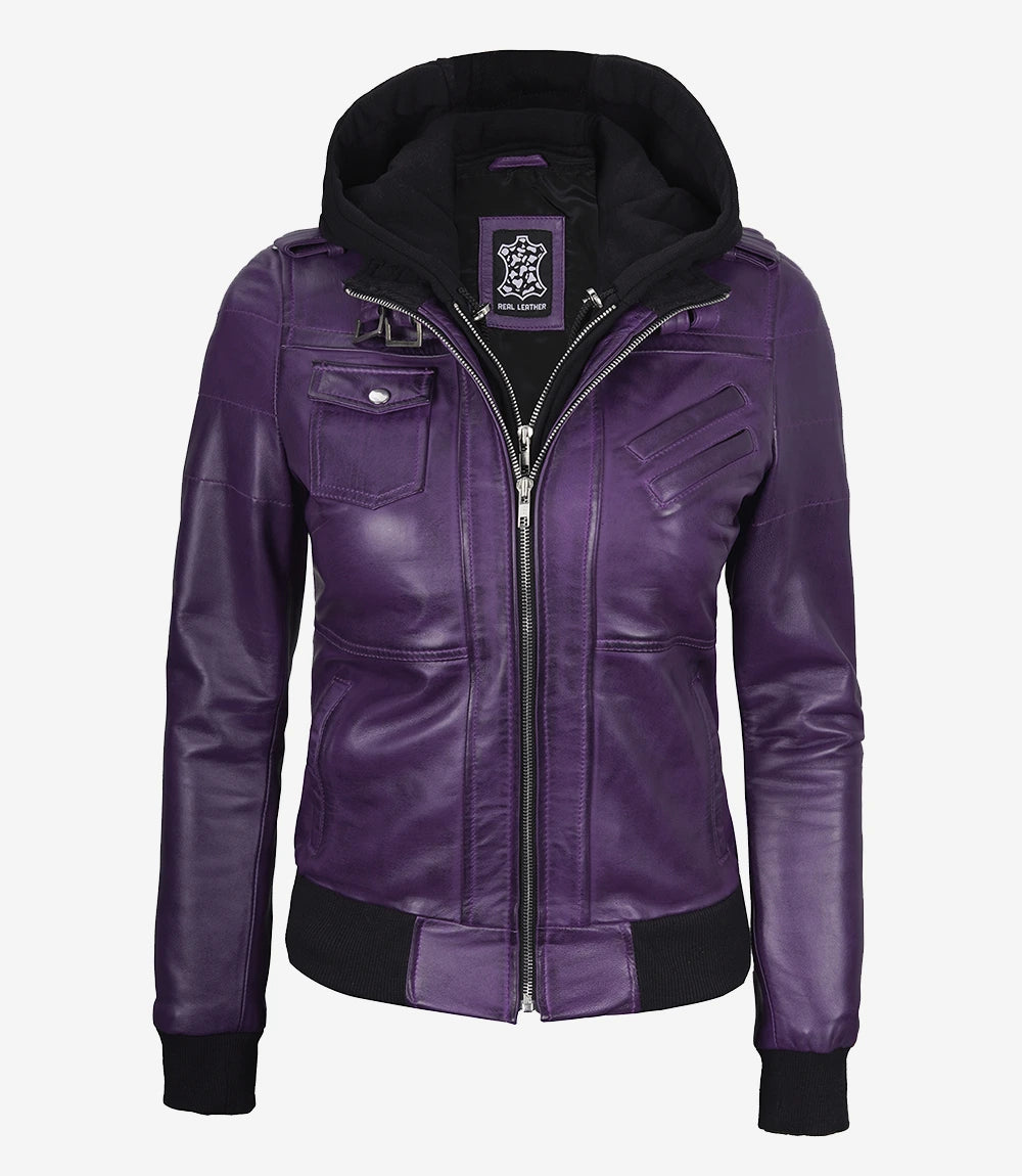 Womens Purple Hooded Bomber Leather Jacket