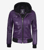 Womens Purple Hooded Bomber Leather Jacket