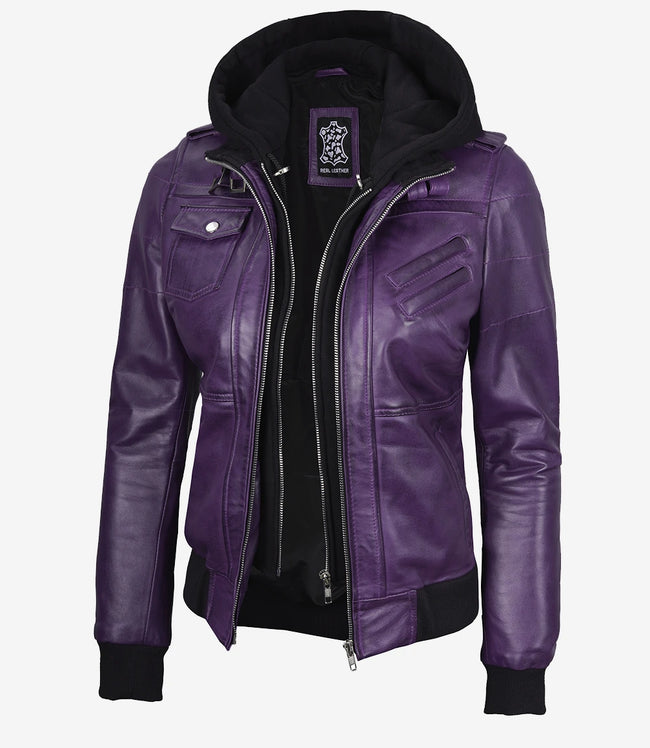 Womens Purple Hooded Bomber Leather Jacket