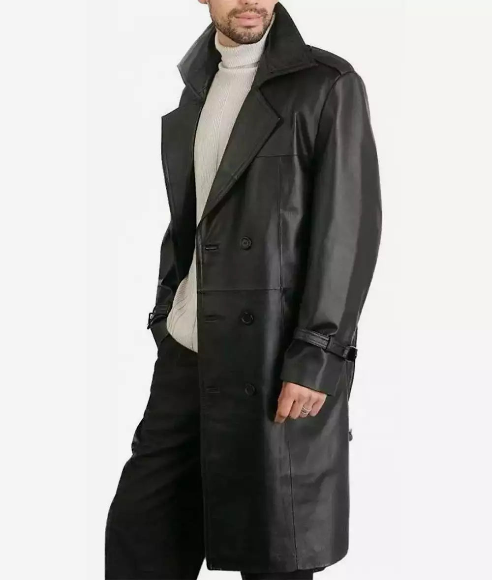 Augusta Guys Black Biker Style Double Breasted Pure Lambskin Leather Overcoat