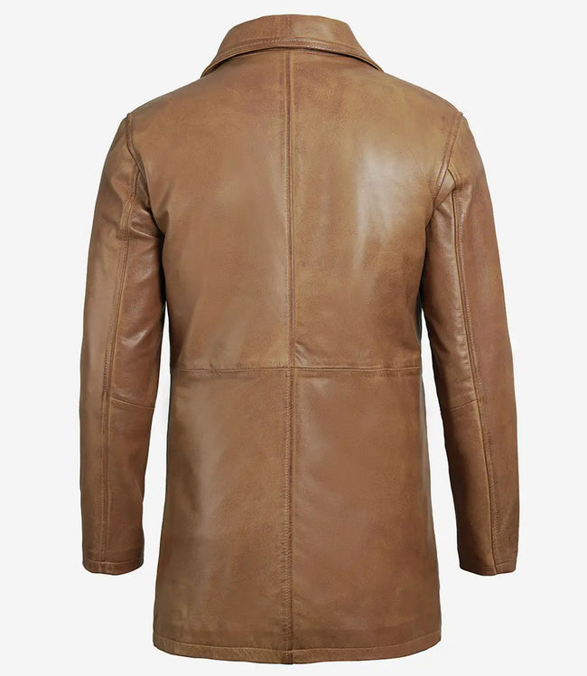 Mens Tall Camel Brown 3 4 Length Leather Coat