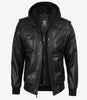 Mens Tall Black Leather Bomber Jacket with Removable Hood