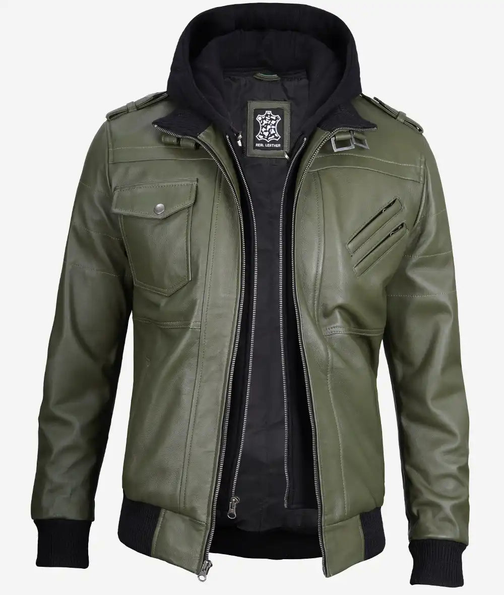 Mens Military Green Bomber Leather Jacket With Hood