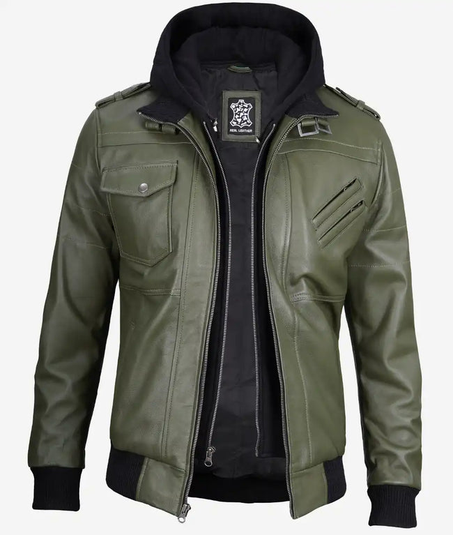 Mens Military Green Bomber Leather Jacket With Hood
