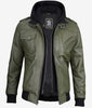 Mens Military Green Bomber Leather Jacket With Hood