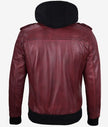 Mens Maroon Bomber Leather Jacket With Hood