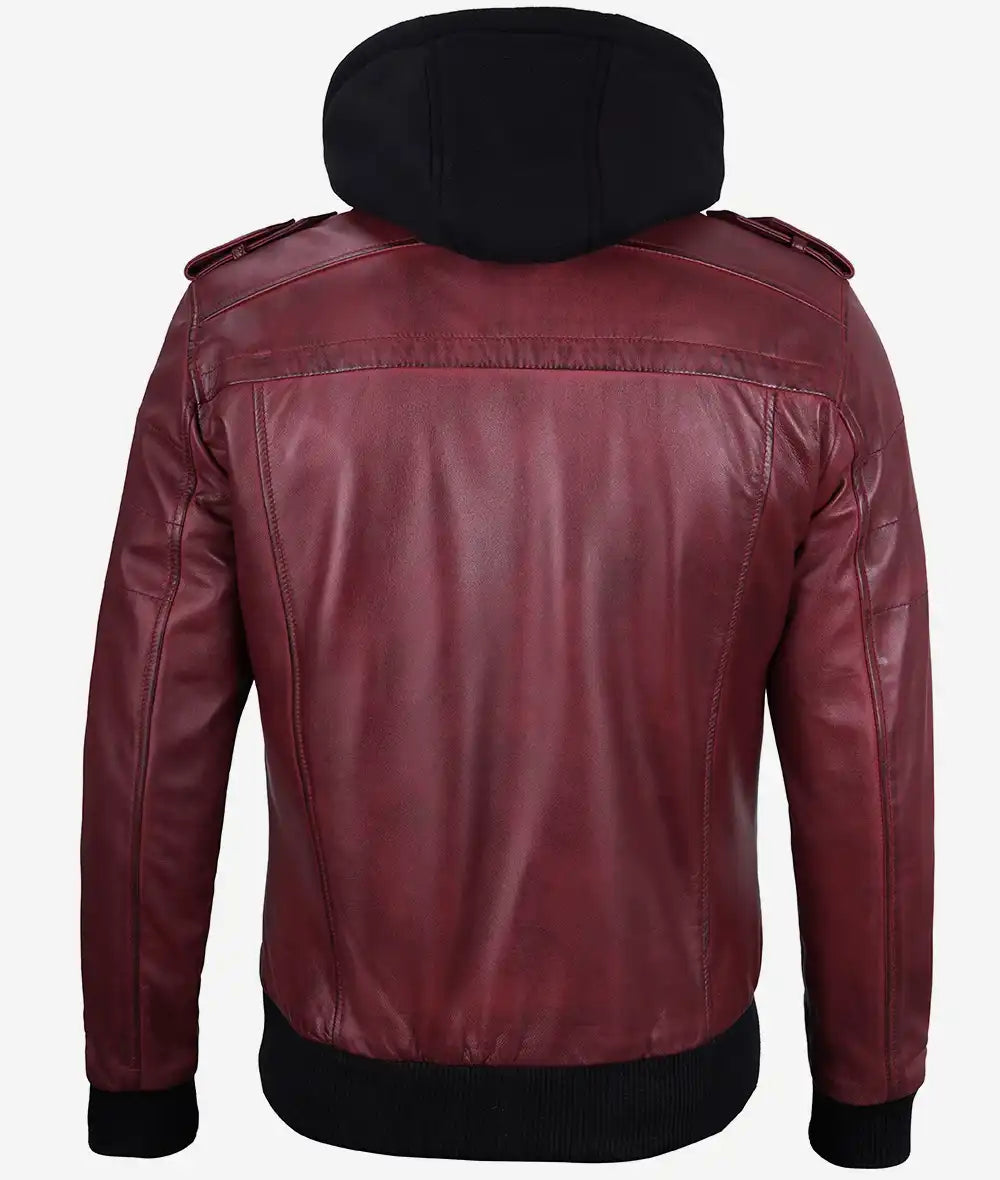 Mens Maroon Bomber Leather Jacket With Hood