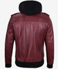 Mens Maroon Bomber Leather Jacket With Hood