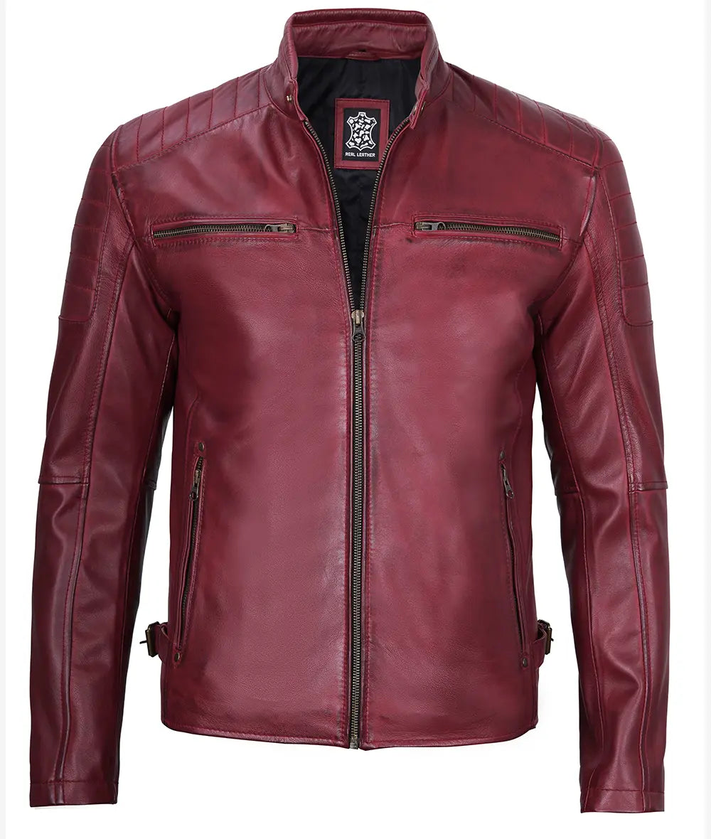 Mens Maroon Waxed Cafe Racer Leather Jacket