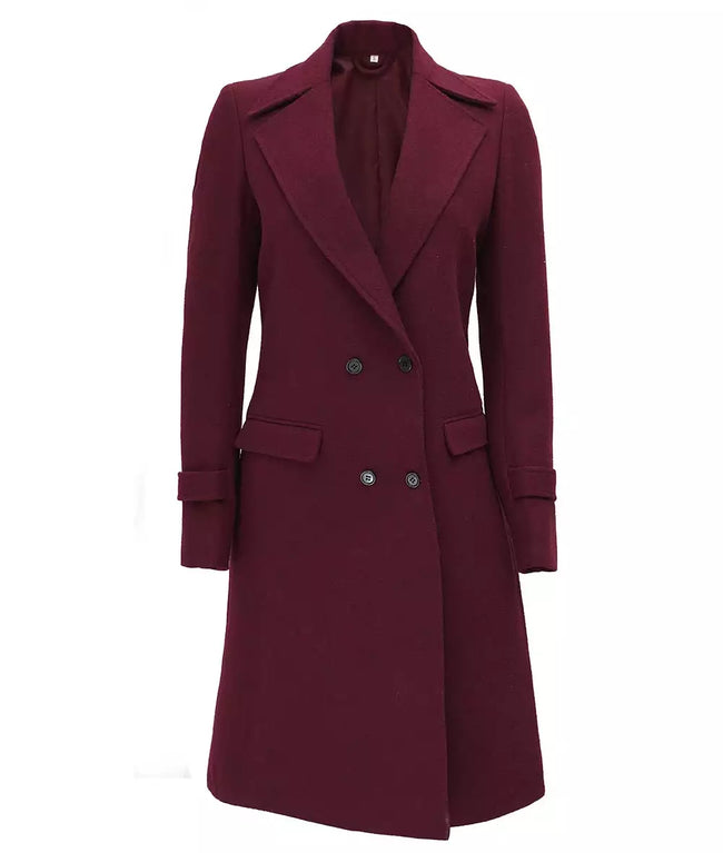 Womens Double Breasted Wool Coat Maroon