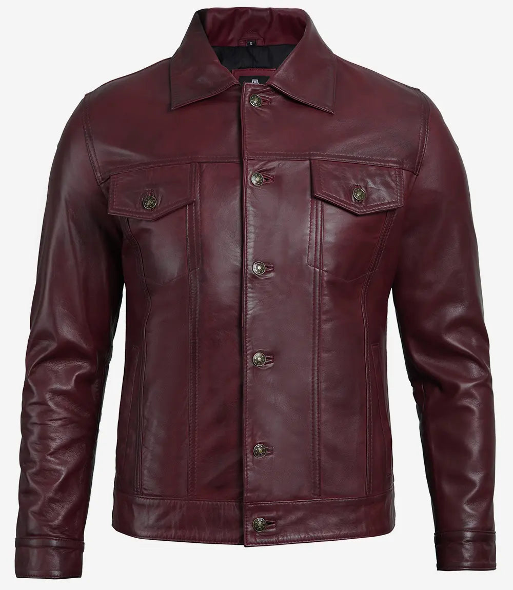 Mens Maroon Leather Trucker Jacket
