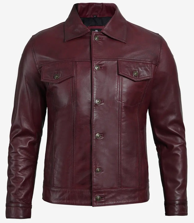 Mens Maroon Leather Trucker Jacket