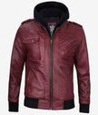 Mens Maroon Bomber Leather Jacket With Hood
