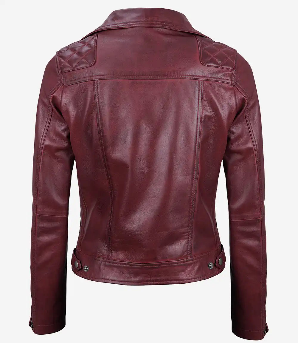 Womens Real Lambskin Leather Asymmetrical Maroon Moto Jacket