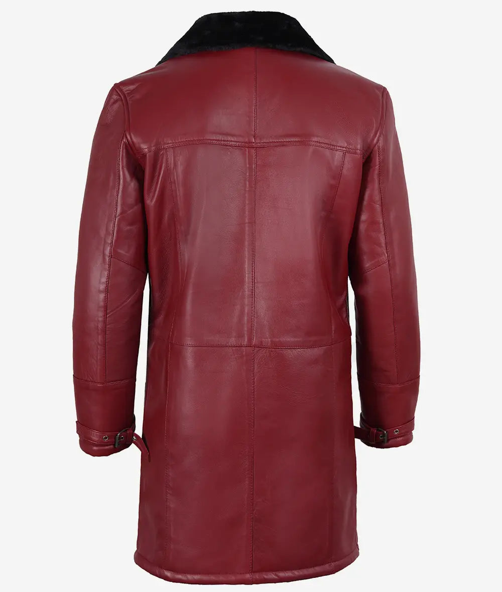 Mens Maroon Shearling Leather Winter Coat