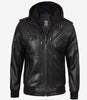 Mens Tall Black Leather Bomber Jacket with Removable Hood