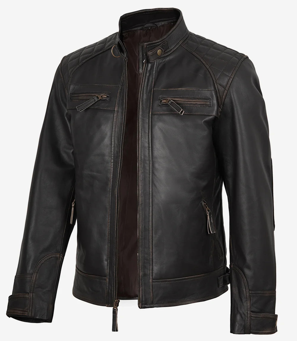 Men's Tall Distressed Brown Leather Biker Style Jacket - Quilted Shoulder