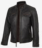 Men's Tall Distressed Brown Leather Biker Style Jacket - Quilted Shoulder