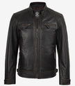 Men's Tall Distressed Brown Leather Biker Style Jacket - Quilted Shoulder