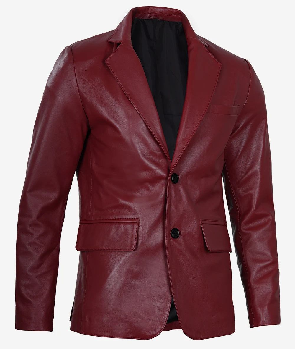 Mens Leather 2 Buttons Maroon Blazer