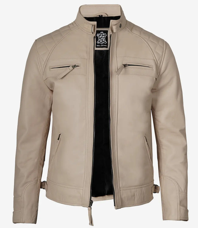 Mens Quilted Shoulder Beige Cafe Racer Leather Jacket